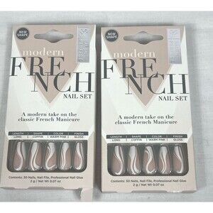 Lot of 2 Salon Perfect Modern French Nail Set Press On Long Coffin Warm Pink NEW